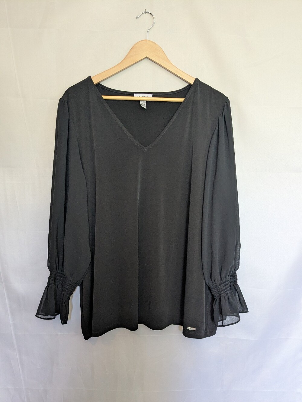 Calvin Klein V-neck Flared Semi-Sheer Bishop Sleeve Blouse Top Black 2X